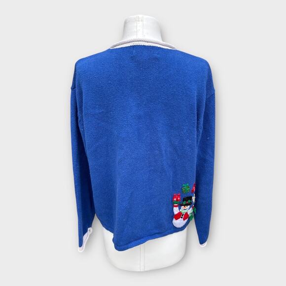 VTG Heirloom Collectibles Snowman Christmas Cardigan Sweater Blue Women's Large - Picture 7 of 12